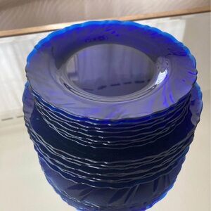 Vintage FRENCH MADE VERECO BLUE GLASS SALAD/BREAD & DESSERT PLATES/ 8 Of Each